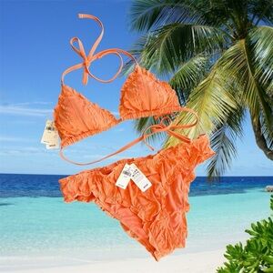 Aerie Tangerine Orange Bikini Perky Triangle Top Ruched Cheeky Bottom Sz M NWT